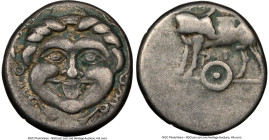 MYSIA. Parium. Ca. 4th century BC. AR hemidrachm (13mm, 7h). NGC VF. Head of Gorgoneion facing, tongue protruding below upper row of teeth, coiled sna...