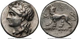 IONIA. Miletus. Ca. 4th-3rd centuries BC. AR drachm (15mm, 12h). NGC VF. Metrodorus, magistrate. Laureate head of Apollo left / MHTPOΔΩPOΣ, lion stand...