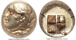 IONIA. Phocaea. Ca. 387-326 BC. EL hecte (10mm, 2.54 gm). NGC XF 4/5 - 5/5. Female head left, wearing round earring, hair brushed and rolled into larg...