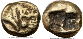 LYDIAN KINGDOM. Alyattes or Walwet (ca. 610-546 BC). AE/EL fourree third-stater or trite (9mm, 1.73 gm). NGC VF 5/5 - 3/5, core visible. Ancient forge...