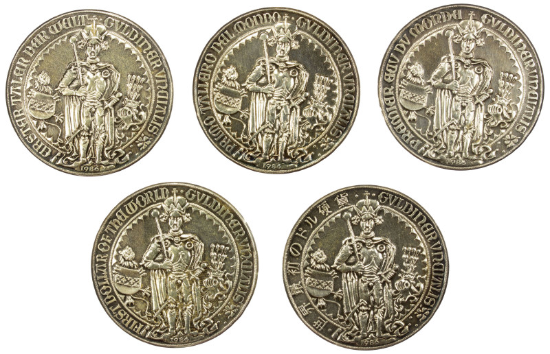 AUSTRIA: Republic, AR proof set, 1986, 5-piece SET, "First Dollar of the World" ...