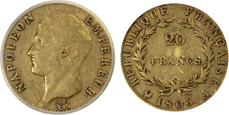 FRANCE: Napoleon I, as Emperor, 1804-1814, AV 20 francs, 1806-A, KM-574.1, F-513...