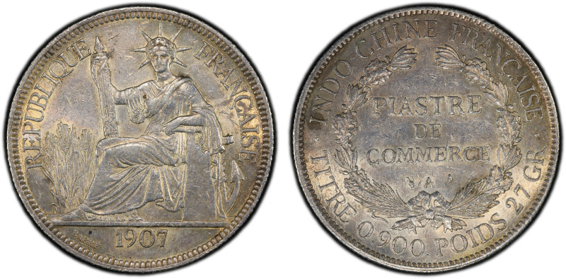 FRENCH INDOCHINA: AR piastre, 1907-A, KM-5a.1, Lec-290, Paris Mint, a well-struc...