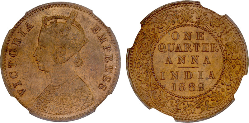 BRITISH INDIA: Victoria, Empress, 1876-1901, AE 1/4 anna, 1889(c), KM-486, a sup...