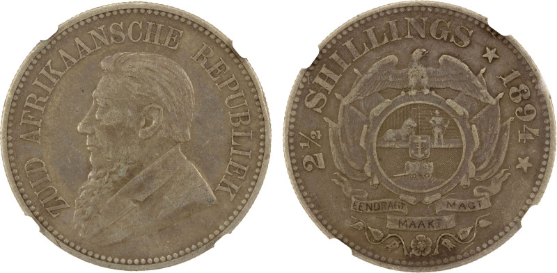 SOUTH AFRICA: Republic, AR 2½ shillings, 1894, KM-7, Hern-Z32, NGC graded VF35....