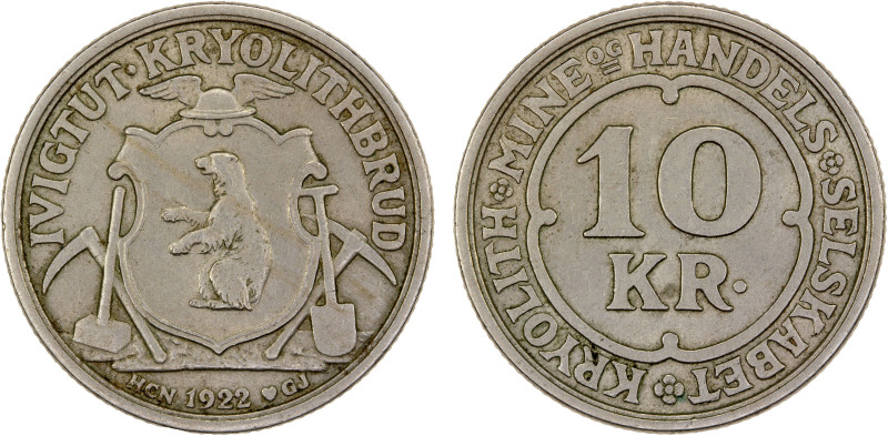 GREENLAND: Ivigtut Cryolite Mining, 10 kroner, 1922, KM-Tn49, seated polar bear ...