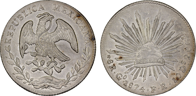 MEXICO: Republic, AR 8 reales, 1874-Go, KM-377.8, assayer FR, a few small toning...