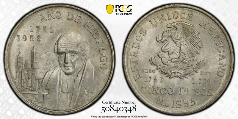 MEXICO: Estados Unidos, AR 5 pesos, 1953-Mo, KM-468, Hildalgo Bicentennial, a su...
