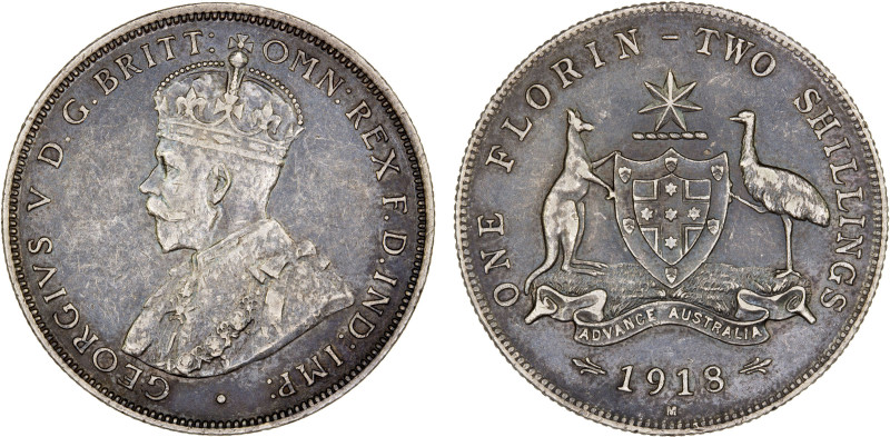 AUSTRALIA: George V, 1910-1936, AR florin, 1918-M, KM-27, deeply toned with some...