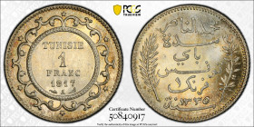 TUNISIA: Muhammad V, 1906-1922, AR franc, 1917/AH1335, KM-238, a wonderful lustrous mint state example! PCGS graded MS64.

Estimate: USD 50-75