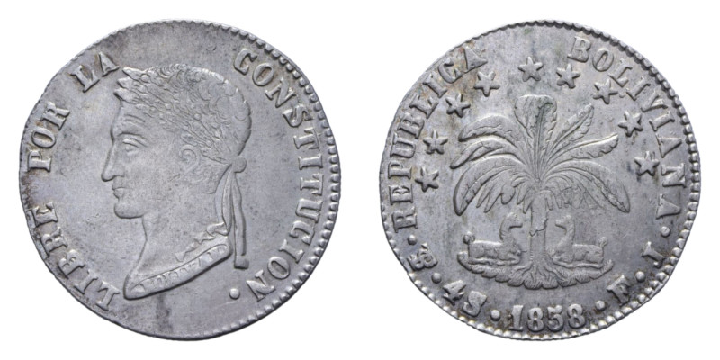 BOLIVIA REPUBBLICA (1827-1863) 4 SUELDOS 1858 FJ AG. 13,63 GR. BB-SPL