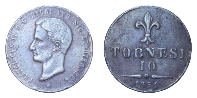 NAPOLI FRANCESCO II (1859-1860) 10 TORNESI 1859 DAL VERSO DELLA RIGATURA SUL CON...