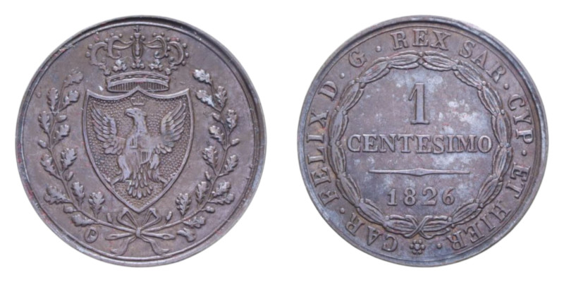 CARLO FELICE (1821-1831) 1 CENT. 1826 TORINO (P IN OVALE) CU. 2,00 GR. BB-SPL