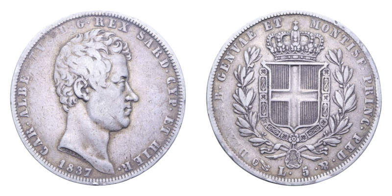 CARLO ALBERTO (1831-1849) 5 LIRE 1837 GENOVA AG. 24,70 GR. qBB