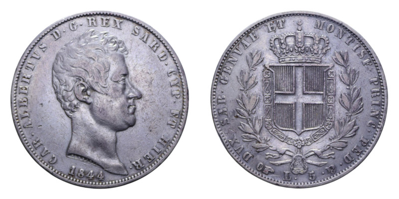 CARLO ALBERTO (1831-1849) 5 LIRE 1844 TORINO AG. 24,88 GR. BB-SPL (COLPO)