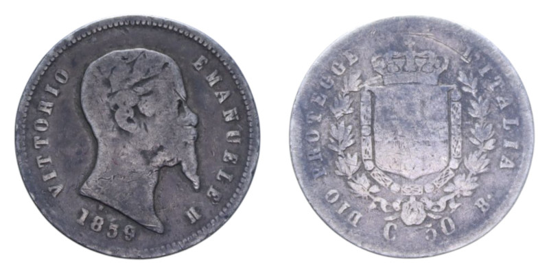 VITT. EMANUELE II RE ELETTO (1859-1861) 50 CENT. 1859 BOLOGNA R AG. 2,39 GR. MB-...