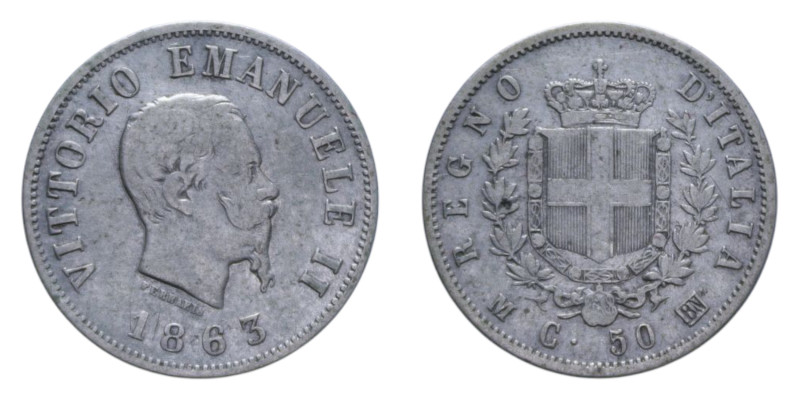VITT. EMANUELE II (1861-1878) 50 CENT. 1863 MILANO STEMMA AG. 2,39 GR. qBB/BB