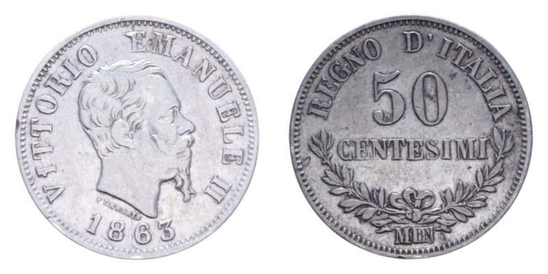 VITT. EMANUELE II (1861-1878) 50 CENT. 1863 MILANO VALORE AG. 2,46 GR. BB/BB+