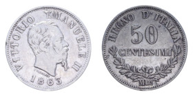 VITT. EMANUELE II (1861-1878) 50 CENT. 1863 MILANO VALORE AG. 2,46 GR. BB/BB+
