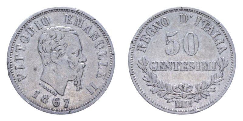 VITT. EMANUELE II (1861-1878) 50 CENT. 1867 MILANO VALORE AG. 2,43 GR. BB