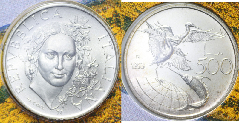 500 LIRE 1993 FLORA E FAUNA AG. 15 GR. IN FOLDER FDC