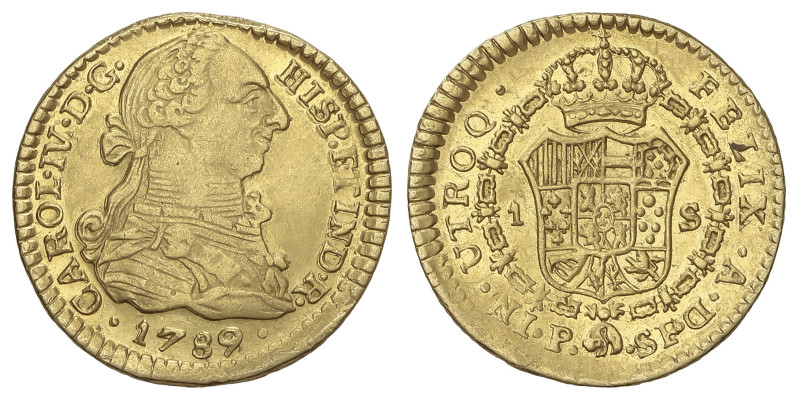 SPANISH MONARCHY: CHARLES IV

1 Escudo. 1789/8. POPAYÁN. S.F. 3,30 grs. Busto ...