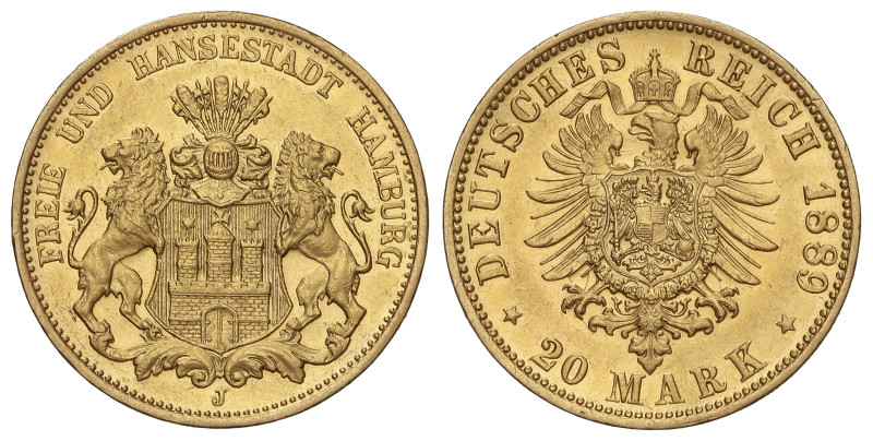 WORLD COINS: GERMAN STATES

20 Mark. 1889-J. HAMBURG. 7,95 grs. AU (900). El s...
