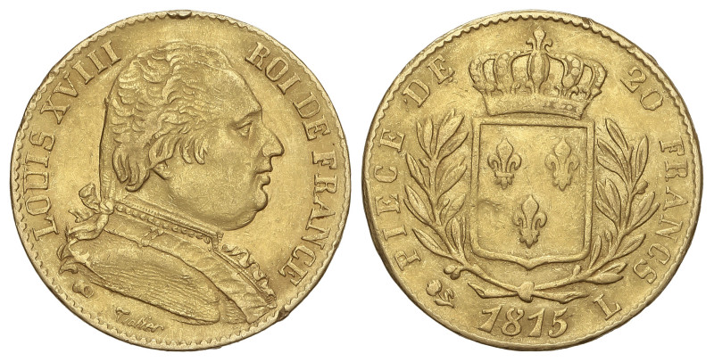 WORLD COINS: FRANCE

20 Francs. 1815-L. LOUIS XVIII. BAYONNE. 6,42 grs. AU (90...