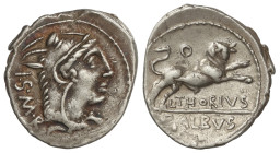 ROMAN COINS: ROMAN REPUBLIC

Denario. 105 a.C. THORIA. L. Thorius Balbus. Anv.: Cabeza de Juno Sospita a derecha cubierta con piel de cabra I.S.M.R....