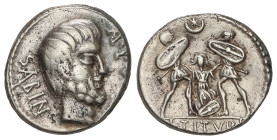 ROMAN COINS: ROMAN REPUBLIC

Denario. 89 a.C. TITURIA. L. Titurius L.f. Sabinus. Anv.: Cabeza del rey Tatius a derecha, delante (palma) y A. PV. det...