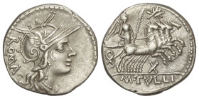 ROMAN COINS: ROMAN REPUBLIC

Denario. 120 a.C. TULLIA. M. Tullius. Anv.: Cabeza de Roma a derecha, detrás ROMA. Rev.: Victoria en cuadriga a derecha...