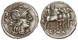 ROMAN COINS: ROMAN REPUBLIC

Denario. 130 a.C. VARGUNTEIA. Marcus Vargunteius. Anv.: Cabeza de Roma a derecha entre M. VARG y *. Rev.: Júpiter en cu...