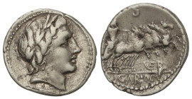 ROMAN COINS: ROMAN REPUBLIC

Denario. 86 a.C. VERGILIA. Vergilius, Gargilius y Ogulnius. Anv.: Cabeza de Apolo a derecha, debajo haz de rayos. Rev.:...