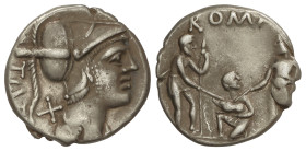 ROMAN COINS: ROMAN REPUBLIC

Denario. 137 a.C. VETURIA. Ti. Veturius. Anv.: Cabeza de Marte a derecha, detrás TI. VET y X. Rev.: Un cerdo en brazos ...