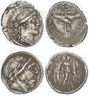 ROMAN COINS: ROMAN REPUBLIC

Lote 2 monedas Denario. 109-108 a.C y 48 a.C. MEMMIA. L. Memmius y POSTUMIA. Postumius Albinus Bruti F.
 Rev.: Dioscur...