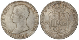 SPANISH MONARCHY: JOSEPH NAPOLEON

20 Reales. 1810. MADRID. A.I. 26,76 grs. Águila grande. (Leves rayitas y golpecitos). AC-37. MBC-.