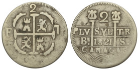 SPANISH MONARCHY: FERDINAND VII

2 Reales. 1821. CARACAS. B.S. 4,48 grs. Castillos y leones. AC-739. MBC.