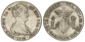 SPANISH MONARCHY: FERDINAND VII

4 Reales. 1823. VALENCIA. 5,85 grs. Módulo de 2 Reales. (Leves rayitas de limpieza). AC-994. MBC.