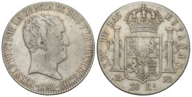 SPANISH MONARCHY: FERDINAND VII

20 Reales. 1822. MADRID. S.R. 27,01 grs. (Pequeñas rayitas). ESCASA. AC-1282. MBC.