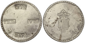 SPANISH MONARCHY: FERDINAND VII

5 Pesetas. 1809. TARRAGONA. 26,49 grs. Cero de la fecha grande, escudo ancho. (Perforación reparada, leves oxidacio...