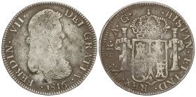 SPANISH MONARCHY: FERDINAND VII

8 Reales. 1816. ZACATECAS. A.G. 25,10 grs. El 6 de la fecha abierto. (Acuñación floja). AC-1457. BC+.