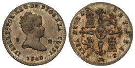 SPANISH MONARCHY: ELISABETH II

2 Maravedis. 1840. SEGOVIA. 1,96 grs. Restos de brillo original. AC-51. EBC/EBC+.