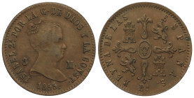 SPANISH MONARCHY: ELISABETH II

8 Maravedís. 1855. BARCELONA. 11,01 grs. ESCASA. AC-98. MBC+.