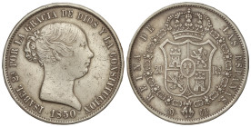 SPANISH MONARCHY: ELISABETH II

20 Reales. 1850. MADRID. C.L. 25,71 grs. (Leves golpecitos). AC-591. MBC-/MBC.