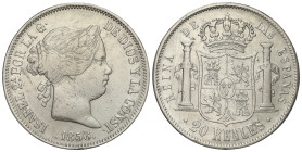 SPANISH MONARCHY: ELISABETH II

20 Reales. 1856. SEVILLA. 25,76 grs. (Golpecitos y rayitas de limpieza). ESCASA. AC-633. MBC.