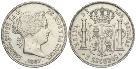 SPANISH MONARCHY: ELISABETH II

2 Escudos. 1867. MADRID. 25,70 grs. (Golpecitos, rayitas y algo limpiada). AC-647. MBC/MBC+.