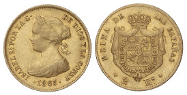SPANISH MONARCHY: ELISABETH II

2 Escudos. 1865. MADRID. 1,69 grs. AU. AC-675. MBC+.
