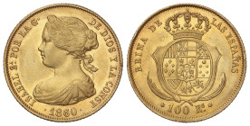 SPANISH MONARCHY: ELISABETH II

100 Reales. 1860. MADRID. 8,39 grs. (Leves rayitas y golpecitos). Brillo original. AC-787. EBC-.