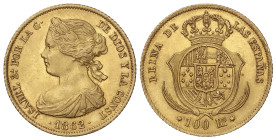 SPANISH MONARCHY: ELISABETH II

100 Reales. 1862. MADRID. 8,38 grs. (Ínfimas marquitas). AC-789. MBC+.