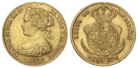 SPANISH MONARCHY: ELISABETH II

100 Reales. 1857. SEVILLA. 8,37 grs. (Canto limado a las 12h, descolgada). AC-798. MBC+.